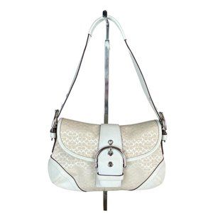 Coach Beige/White Signature Canvas Shoulder Bag With White Trim Silver Tone Acce